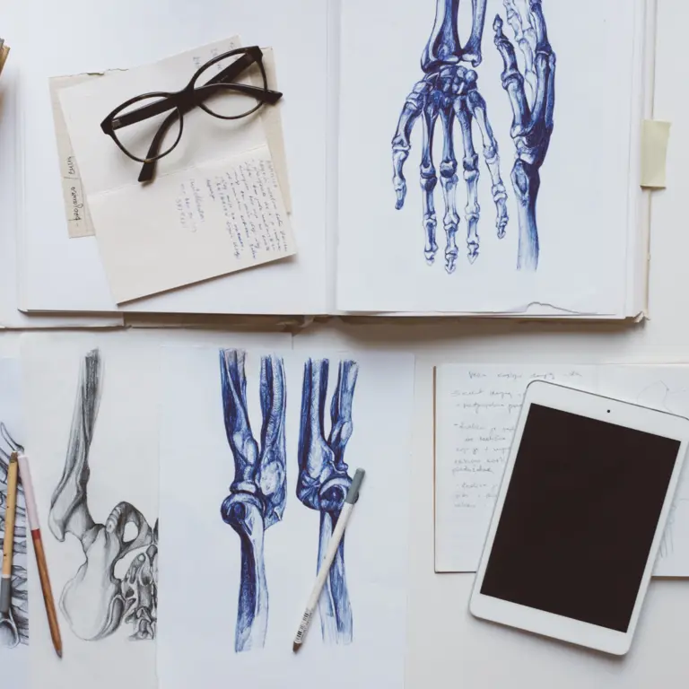 Mehrere gezeichnete Anatomiebilder auf einem Tisch, daneben liegt ein Tablet