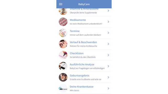 Startseite der BabyCare-App