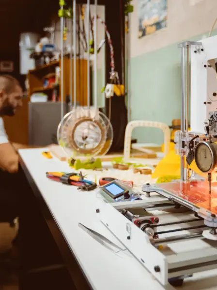 Handwerker sitzt in Werkstatt und arbeitet.