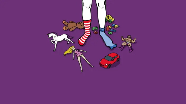 Illustration einer Person mit verschiedenfarbigen Socken inmitten von Spielzeug.