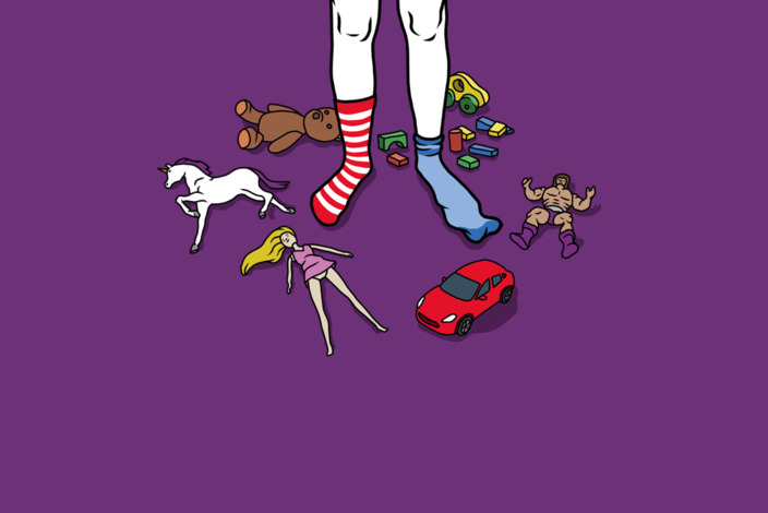 Illustration einer Person mit verschiedenfarbigen Socken inmitten von Spielzeug